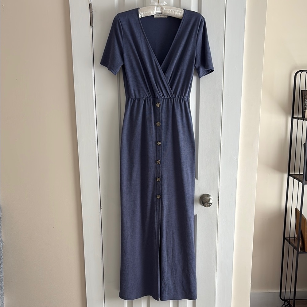 Blue Maxi Dress V-Neck Short Sleeve Size Small